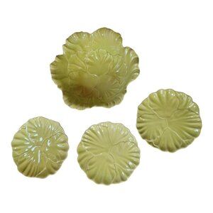 Vintage Cemar California‎ Pottery Ceramic Green Large Leaf Bowl And 3 Plates